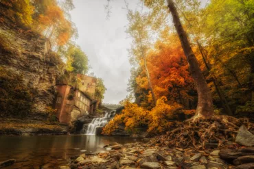 A soft lit image of a waterfall surrounded by vibrant trees with orange and yellow autumn foliage. Nestled into the cliffside to the left of the waterfall is an old brick abandoned hydro-electric station.